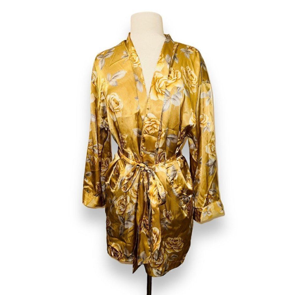 N7 Vintage Y2K Victoria's Secret Silky Robe Gold Flowers One Size Tie Waist